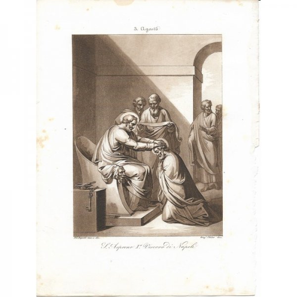 Incisione antica  San Aspreno  II Vescono di Napoli realizzata dal Bigioli di San Severino Marche  epoca 1850