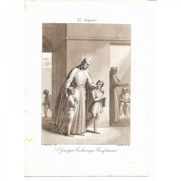 Incisione antica  San Giuseppe Colasanzio realizzata dal Bigioli di San Severino Marche  epoca 1850