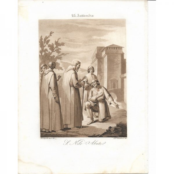 Incisione antica  San Nilo Abate realizzata dal Bigioli di San Severino Marche  epoca 1850