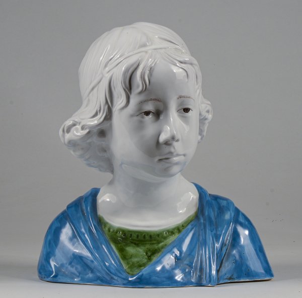 Scultura in ceramica bianca e azzurra mezzo busto bambino ragazzo ceramica firmata Cigna Carlo Bellan