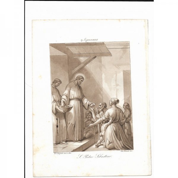 Incisione antica  San Pietro Sebasteno realizzata dal Bigioli di San Severino Marche  epoca 1850