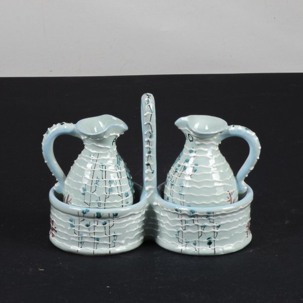 set olio aceto in ceramica cestino e boccette decorate marine firma capri