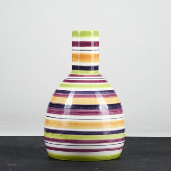 Vaso bottiglia in ceramica multicolore a righe con cerchi concentrici anni 1990