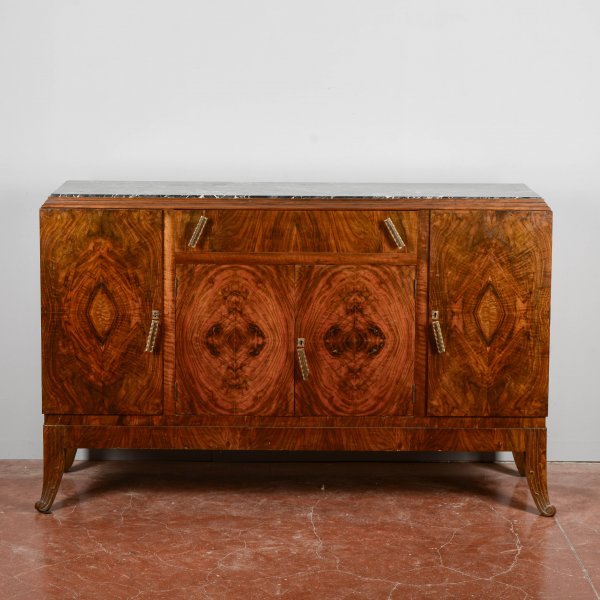 credenza art deco  in radica di noce piano di marmo nero 