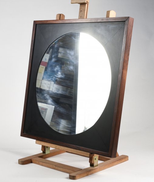 Specchio rotondo con cornice quadrata  in legno design vintage anni 70 