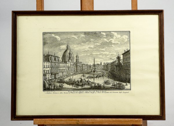 Stampa con cornice raffigurante piazza Navona allagata metà 900