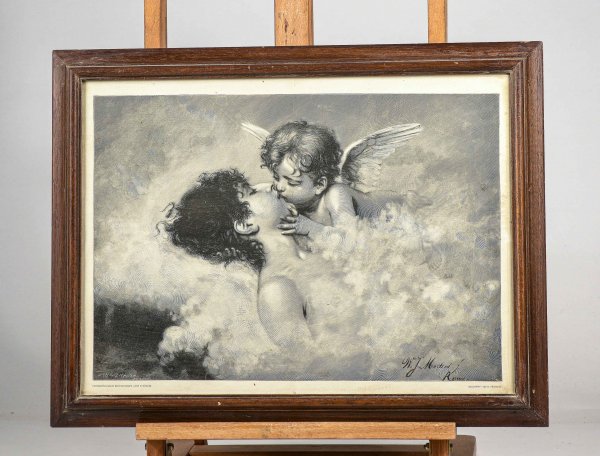 Stampa con cornice in legno puttino e dama che si baciano tra le nuvole epoca primo 900
