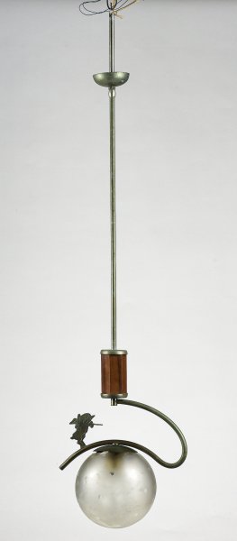 Lampadario Art Decò  con decoro raffigurante San Ciriaco e sfera opalina a pois impianto funzionante