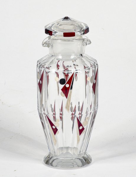 Vaso bottiglia in vetro con decori argento e rossi veto tagliato Art Deco di Karl Palda anni 30