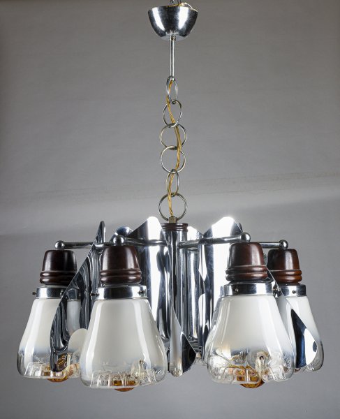 Lampadario Mazzega Murano space age anni 60 70 acciaio vetro soffiato e legno