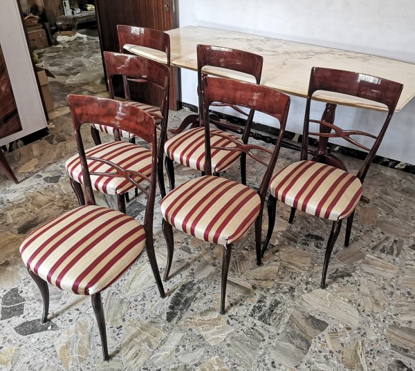 set 6 sedie sedia tessuto bianco panna rosso bordeau legno vintage ben tenute  1960