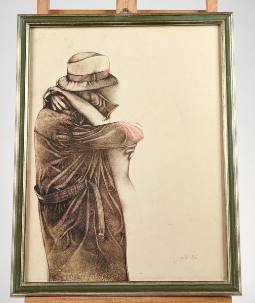 Stampa modo anni 70 raffigurante  abbraccio uomo donna La Bottega dell'Arte Macerata