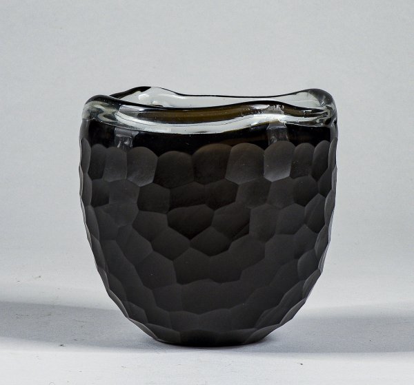 Vaso ciotola nero in vetro Murano smerigliato design a nido d'ape alveare Italia 1960