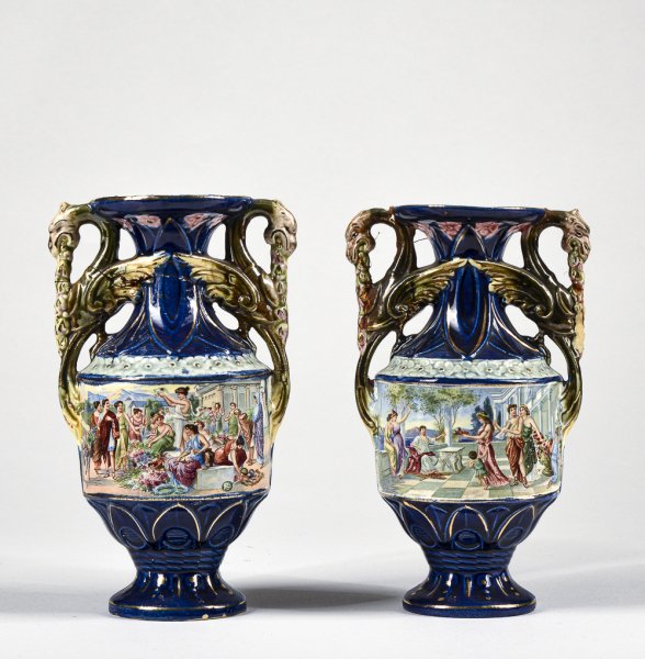 Coppia di vasetti in ceramica blu e bianca Italia epoca 1950