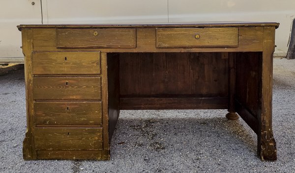 Scrivania a cattedra con 6 cassetti in legno massello di abete Italia fine 1800