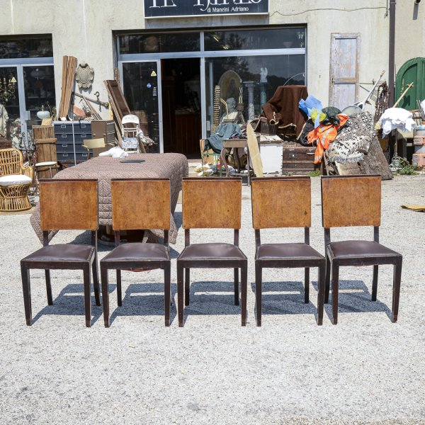 Set di 5 sedie con schienale in radica e seduta in pelle Italia epoca Art Decò 
