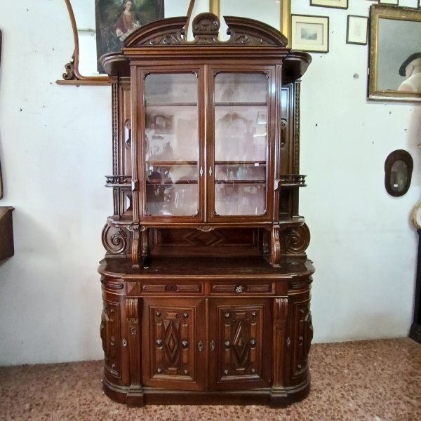 credenza due corpi in noce massello vetrina ante mensole intagliata francia 1850