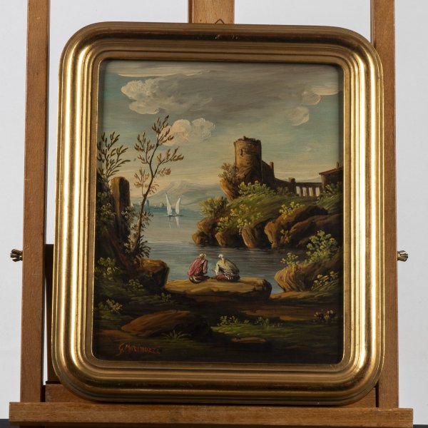 quadro firmato G. Marinozzi pollenza cornice stondata in fogliaoro olio su tela