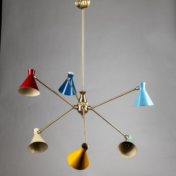 lampadario in ottone con snodi e cappette in latta colorate vintage design stilnovo anni 50