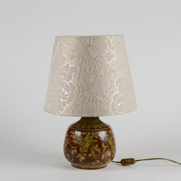 Lampada da appoggio vintage in ceramica smaltata funzionante con cappa damascata